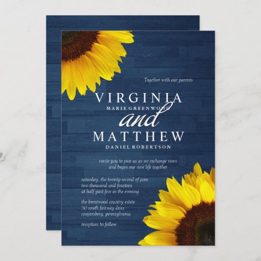 海軍木およびヒマワリの結婚式招待状 招待状 (正面/裏面)