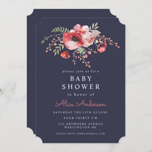海軍水彩画の花のケシのベビーシャワーの招待 招待状 (正面/裏面)