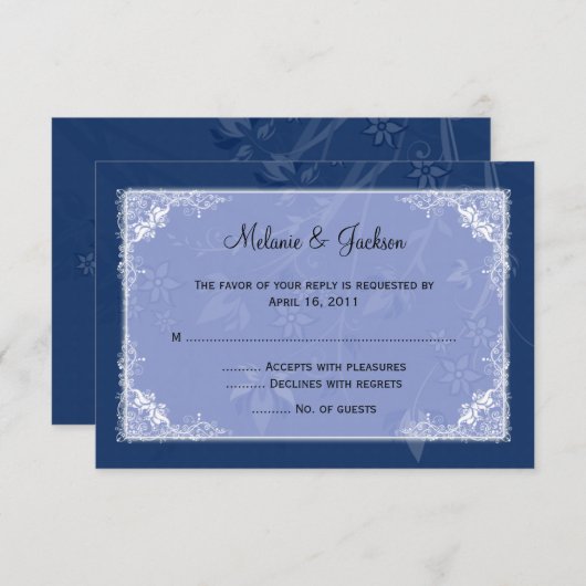 海軍淡いブルーの花柄の渦巻RSVP 出欠カード (正面/裏面)