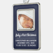 海軍男の子のベビーの初めてのクリスマスの休日の写真 シルバープレートフレームオーナメント (左)