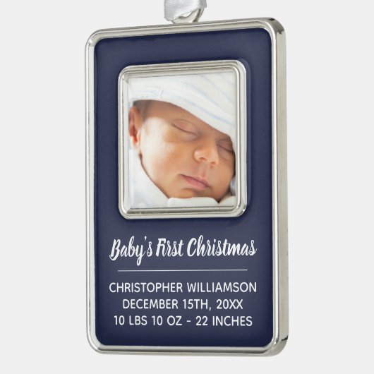 海軍男の子のベビーの初めてのクリスマスの休日の写真 シルバープレートフレームオーナメント (左)