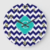 海軍白いシェブロンのジグザグ形のティール(緑がかった色)のクローバーのモノグラム ラージ壁時計 (正面)