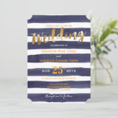 海軍白い水彩画のストライプな金ゴールドの結婚 招待状 (スタンド正面)