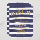 海軍白い水彩画のストライプな金ゴールドの結婚 招待状 (正面/裏面)