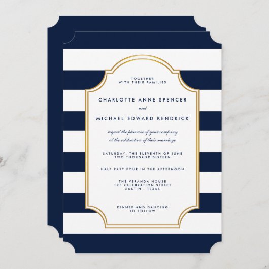 海軍航海の | 白ストライプモダン結婚の 招待状 (正面/裏面)
