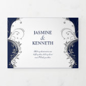 海軍華美とホワイトの銀の渦結婚 三つ折り招待状 (カバー)