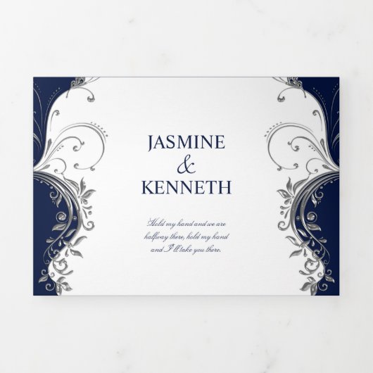 海軍華美とホワイトの銀の渦結婚 三つ折り招待状 (カバー)