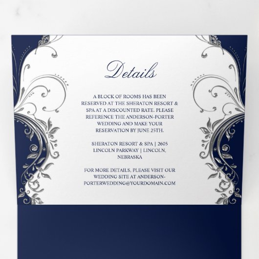 海軍華美とホワイトの銀の渦結婚 三つ折り招待状 (内部最初)