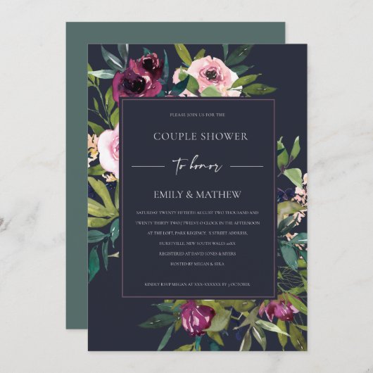 海軍赤面ブルゴーニュフローラ束カップルシャワー 招待状 (正面/裏面)