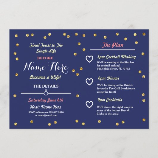 海軍金ゴールドのグリッターのブライダルシャワーの旅程の招待 プログラム (正面)