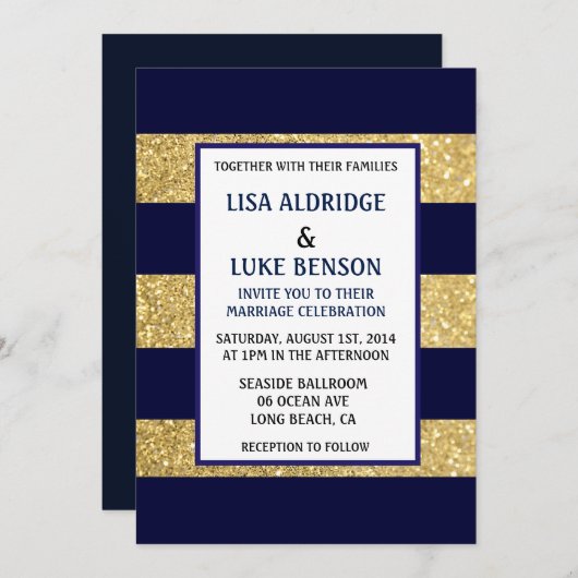 海軍金ゴールドのストライプの結婚式招待状 招待状 (正面/裏面)