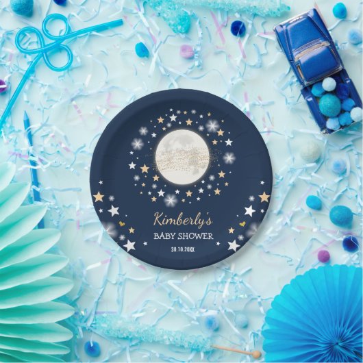 海軍金ゴールドの月及び星のベビーシャワーのきらめきの星 ペーパープレート (パーティー)