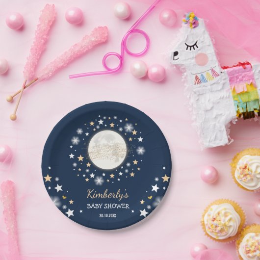 海軍金ゴールドの月及び星のベビーシャワーのきらめきの星 ペーパープレート (パーティー)