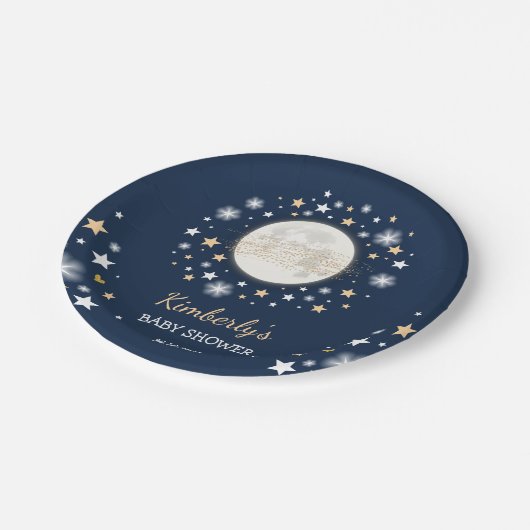 海軍金ゴールドの月及び星のベビーシャワーのきらめきの星 ペーパープレート (アングル)