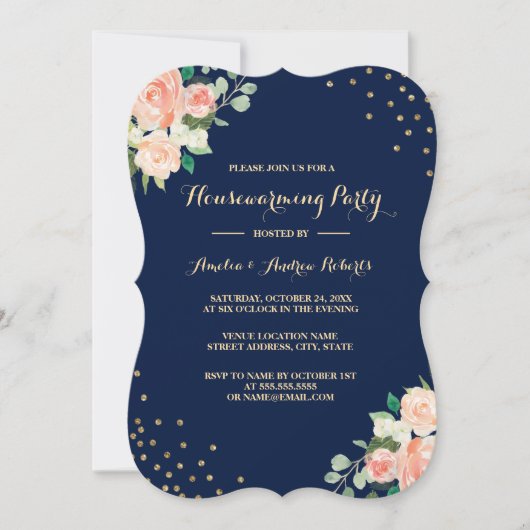 海軍金ゴールドの花の紙吹雪の引っ越し祝いパーティーのパーティー 招待状 (正面)