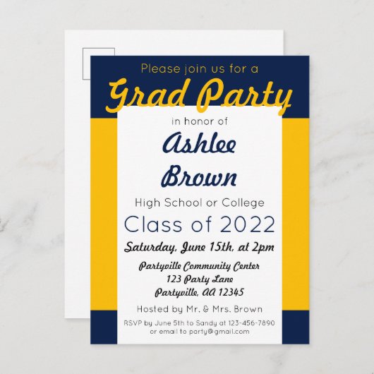 海軍金ゴールドはっきりした卒業パーティー インビテーションポストカード (正面/裏面)