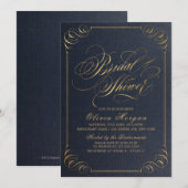 海軍金ゴールドエレガント書道ブライダルシャワー 招待状 (正面/裏面)