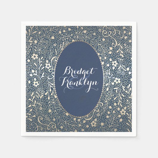 海軍金ゴールドフローラヴィンテージ結婚式 スタンダードカクテルナプキン (正面)