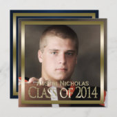 海軍金ゴールドモノグラムフルページフォト卒業 招待状 (正面/裏面)