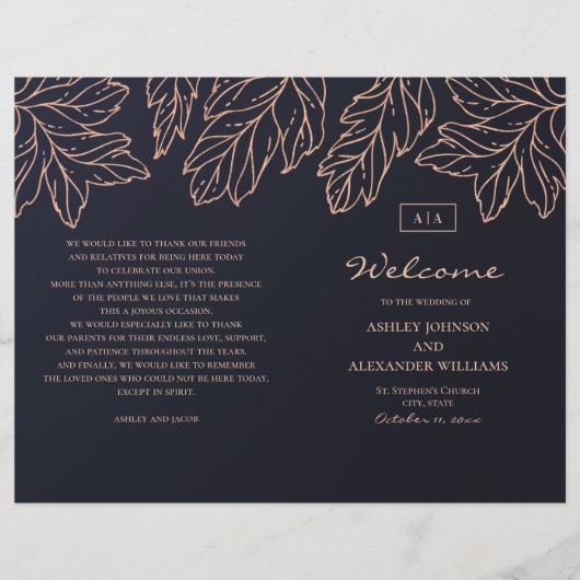 海軍金ゴールド結婚式プログラムを折った。青色植物学 (正面)