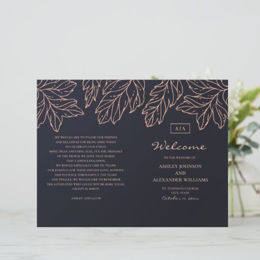 海軍金ゴールド結婚式プログラムを折った。青色植物学 (スタンド正面)