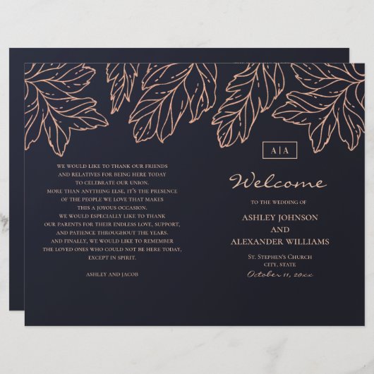 海軍金ゴールド結婚式プログラムを折った。青色植物学 (正面/裏面)