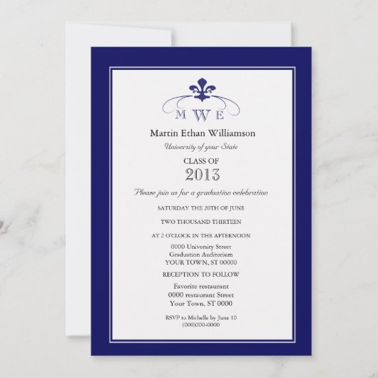 海軍銀及び白い(紋章の)フラ・ダ・リのフォーマルな卒業 招待状 (正面)