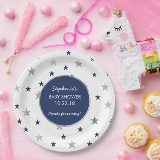 海軍銀製の星のきらめきのベビーシャワーの装飾 ペーパープレート (パーティー)