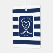 海軍青のストライプのロープハートアンカー クリスマス メタルオーナメント (正面左)