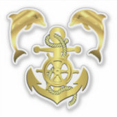 海軍風のゴールドトーンイルカ/クジラ + 船のアンカー シール (正面)