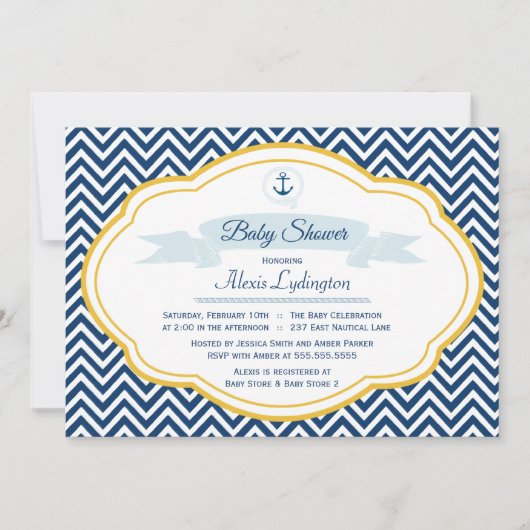 海軍風の金色のシェブロンベイビー男の子シャワー招待状 招待状 (正面)