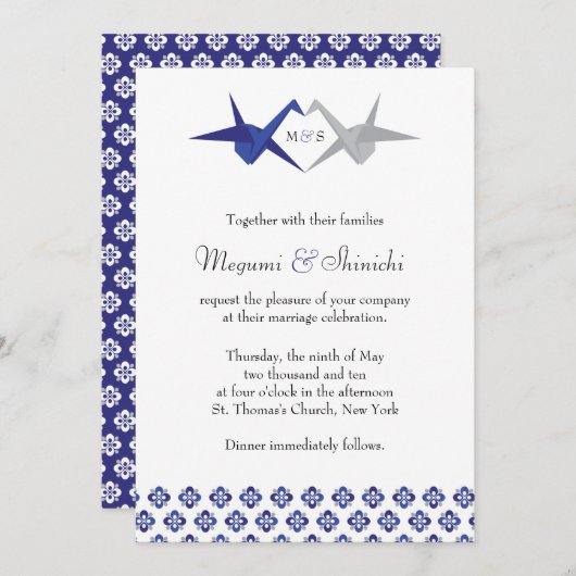 海軍/シルバー折り鶴結婚ズ 招待状 (正面/裏面)