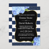 海軍 ネイビーストライプ 青い紫陽花 花のウェディング 招待状 (正面/裏面)