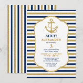 海軍 ネイビーブルー ゴールド アンカー 誕生日パーティー 招待状 (正面/裏面)