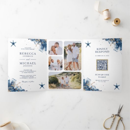 海軍 ネイビー スターフィッシュ オールインワン QRコード ウェディング 三つ折り招待状 (内部)