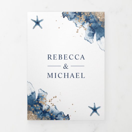 海軍 ネイビー スターフィッシュ オールインワン QRコード ウェディング 三つ折り招待状 (カバー)