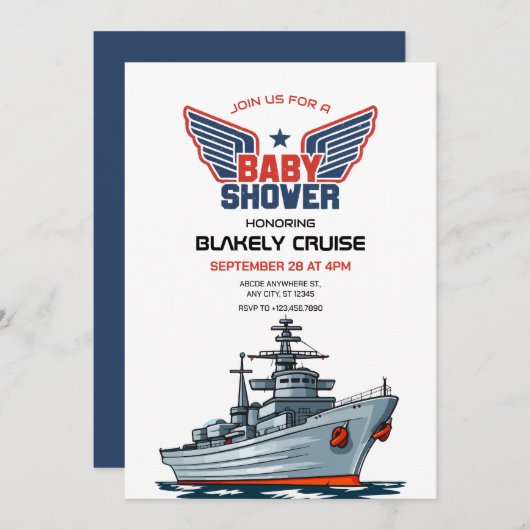 海軍 ネイビー 軍 赤ちゃん歓迎会 招待状 (正面/裏面)
