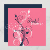 海軍、ピンク、白い花のブライダルシャワーの招待状 招待状 (正面/裏面)