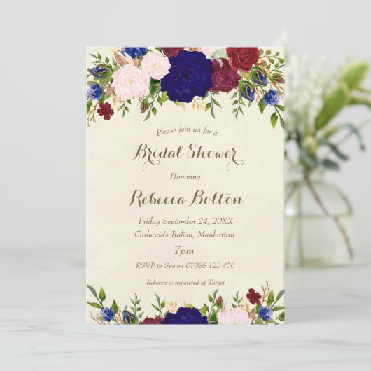 海軍marsalaのワインのブライダルシャワーの招待の花柄 招待状 (スタンド正面)