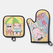 海辺おもしろいカップル漫画シーサイドアート 鍋つかみ&鍋敷きセット (正面)