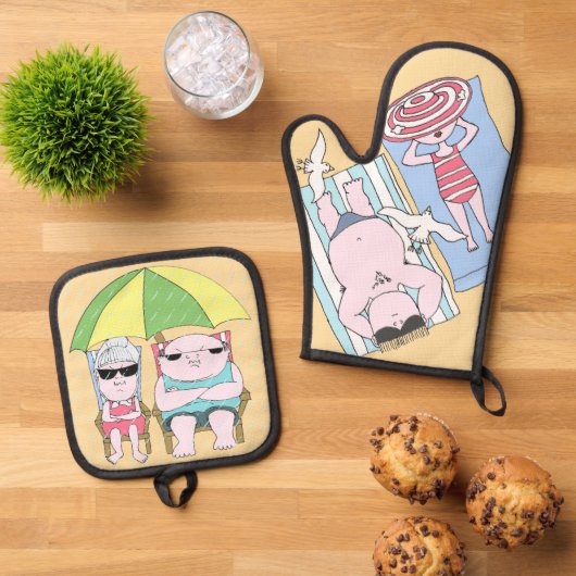 海辺おもしろいカップル漫画シーサイドアート 鍋つかみ&鍋敷きセット (トップダウン)