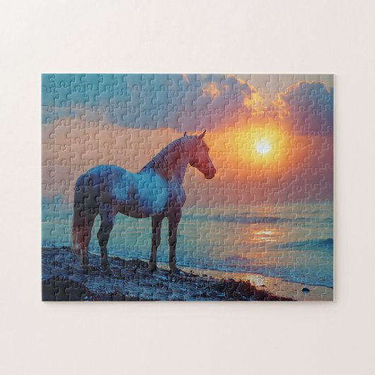 海辺で夕日を眺める馬 ジグソーパズル (横)