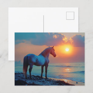 海辺で夕日を眺める馬 ポストカード