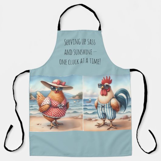 海辺で水着を着た鶏 エプロン (正面)