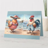 海辺で水着を着た鶏 カード (正面)
