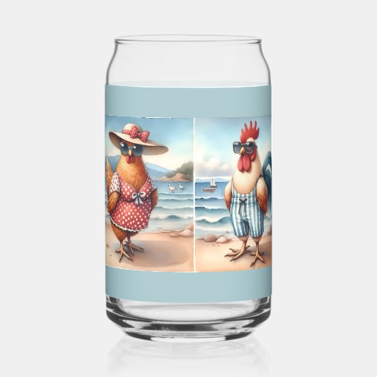 海辺で水着を着た鶏 ガラス缶 (正面)