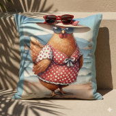 海辺で水着を着た鶏 クッション