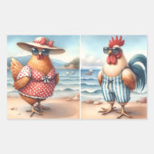 海辺で水着を着た鶏 長方形シール (正面)