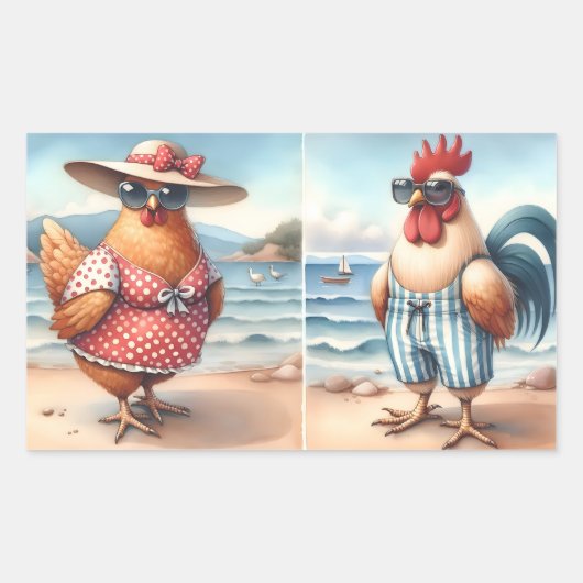 海辺で水着を着た鶏 長方形シール (正面)