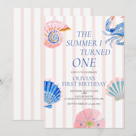 海辺で迎えた1歳の夏の誕生日 招待状 (正面/裏面)